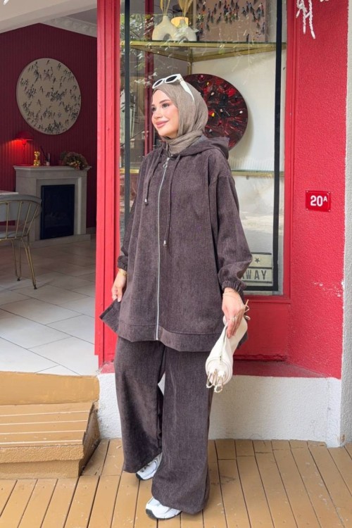 Lara Fermuarlı Tunik Takım Kahverengi