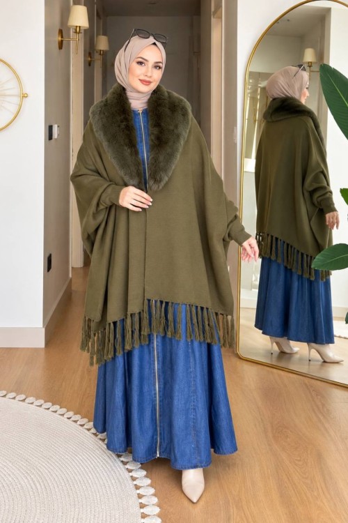  Best Model Kol Geçirmeli Kürklü Șal Haki