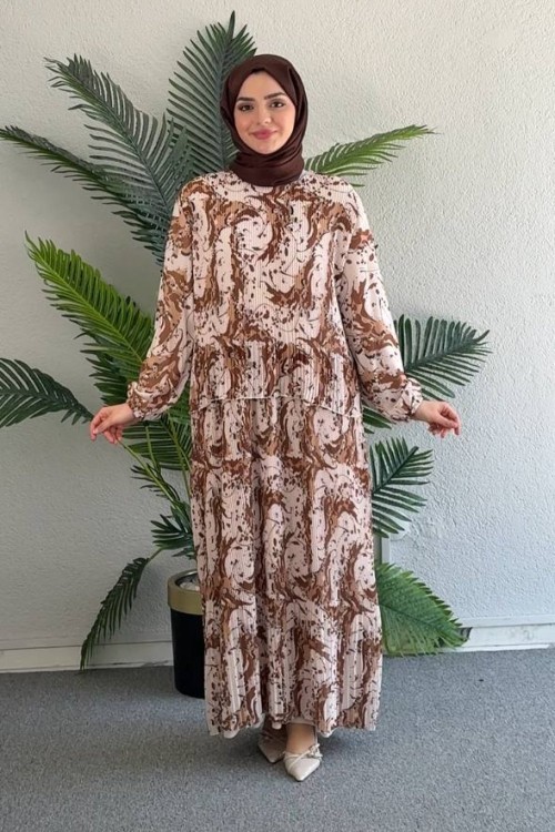 Kösem Şifon Pliseli elbise Kahverengi