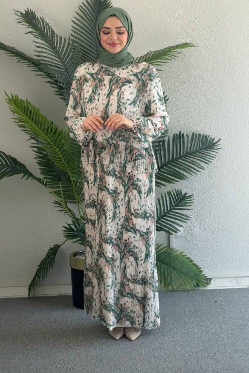 Kösem Şifon Pliseli elbise Yeşil