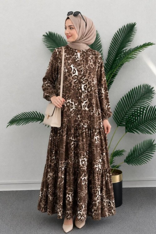 Rüya  Leopar DESENLİ VİSKON ELBİSE Sütlü Kahve