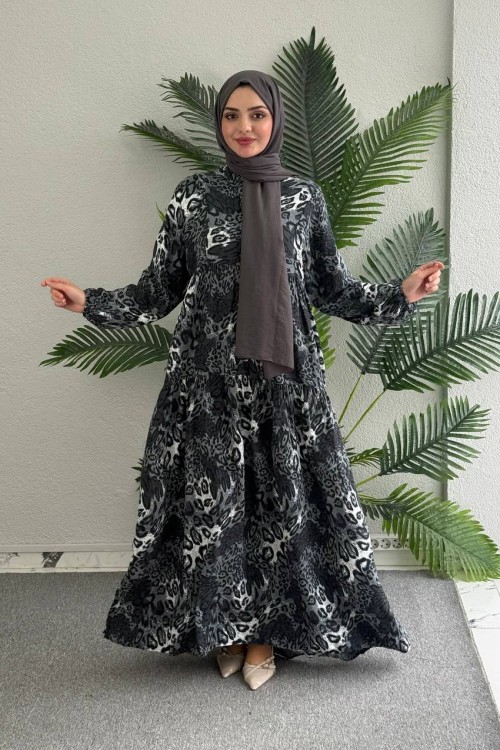 Rüya  Leopar DESENLİ VİSKON ELBİSE Gri