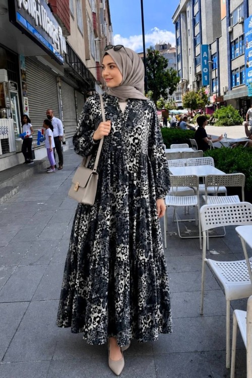 Rüya  Leopar DESENLİ VİSKON ELBİSE Gri