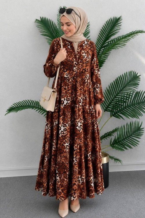 Rüya  Leopar DESENLİ VİSKON ELBİSE Turuncu
