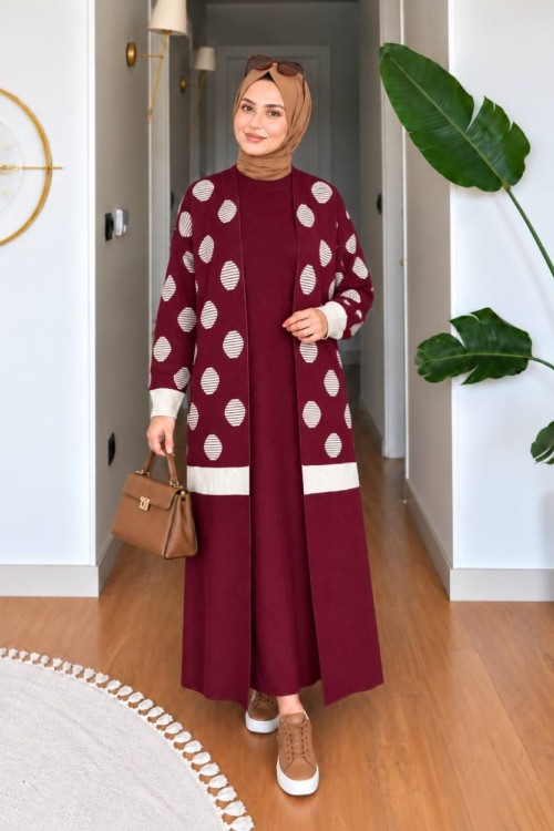 GÖKKUŞAĞI desenli hırkalı triko takım Bordo